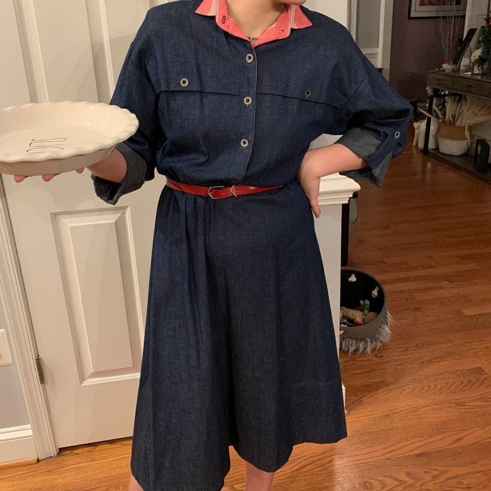 Vintage Denim Shoulder Pad Belted Dress sz 12